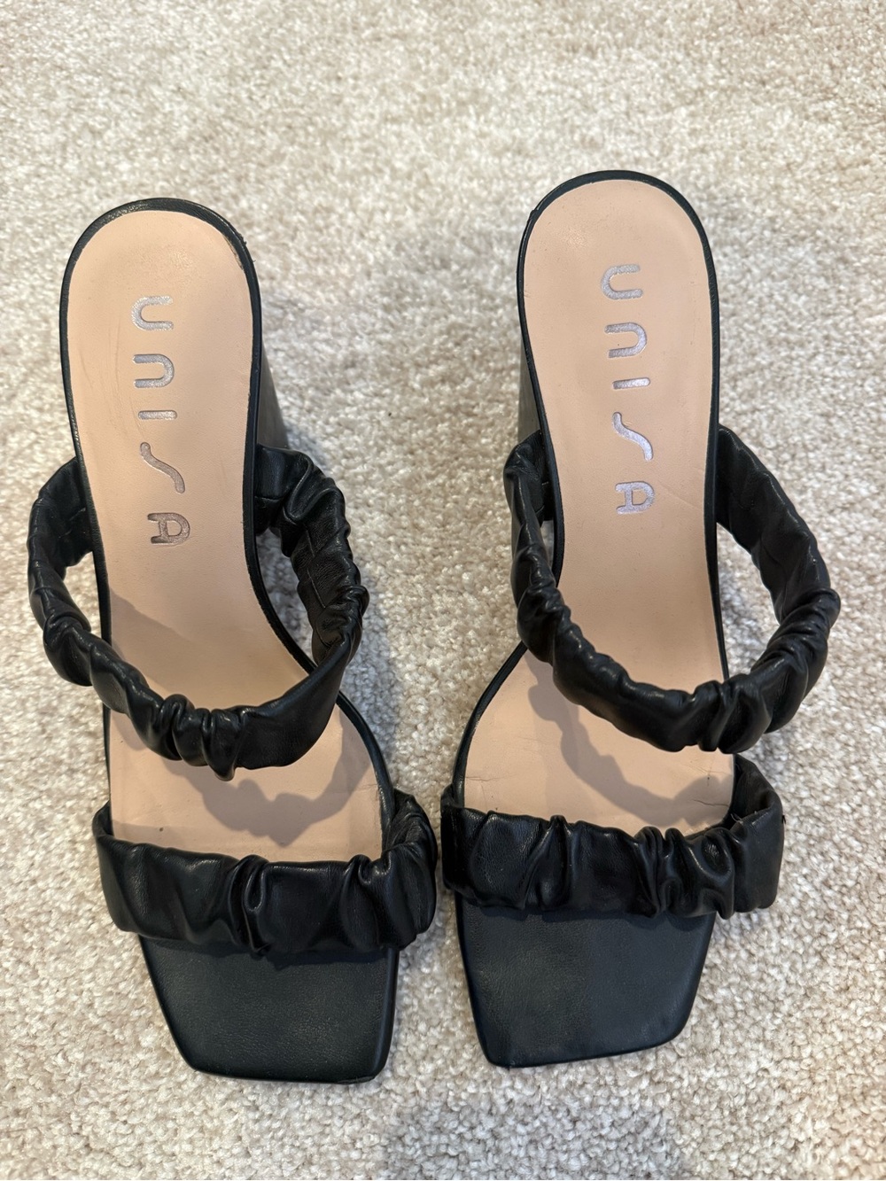 Unisa Black Ruched Double-Strap Square-Toe Block Heels